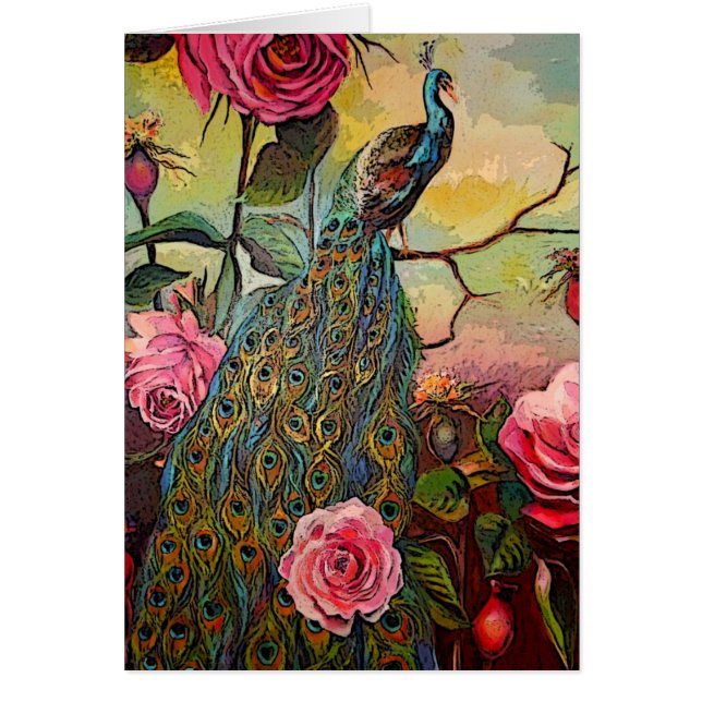 Peacock en Rozen Wenskaart (Voorkant)