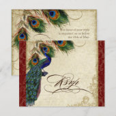 Peacock en veren Formele RSVP-respons Burgundy RSVP Kaartje (Voorkant / Achterkant)