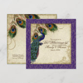 Peacock en veren Plechtige bruiloft Nodig Paars Kaart (Voorkant / Achterkant)
