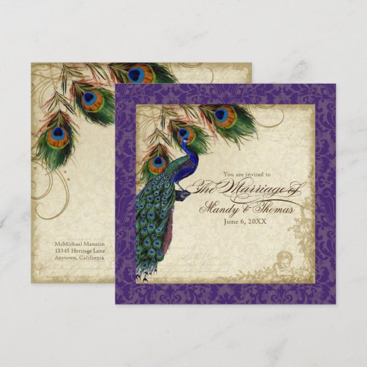 Peacock en veren Plechtige bruiloft Nodig Paars Kaart (Voorkant / Achterkant)
