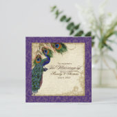 Peacock en veren Plechtige bruiloft Nodig Paars Kaart (Staand voorkant)