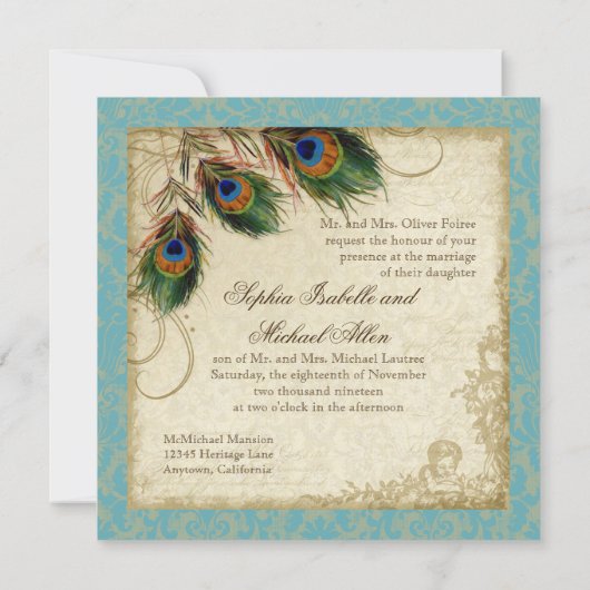 Peacock en veren Plechtige bruiloft Noite Aqua Blu Kaart (Achterkant)