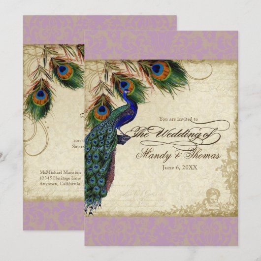 Peacock en veren Plechtige bruiloft Noite Aqua Blu Kaart (Voorkant / Achterkant)
