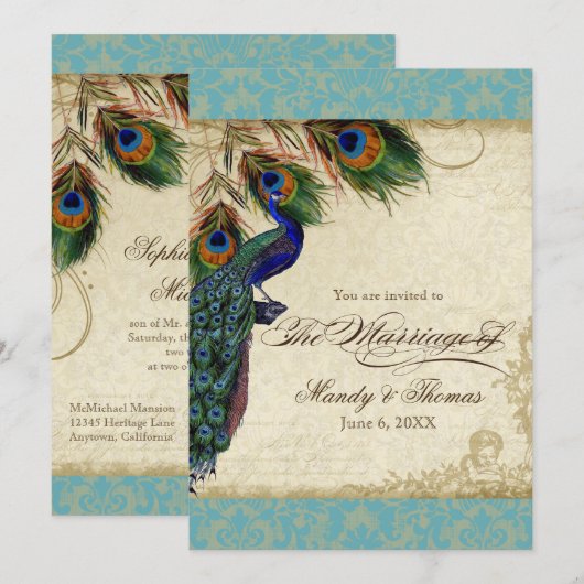 Peacock en veren Plechtige bruiloft Noite Aqua Blu Kaart (Voorkant / Achterkant)