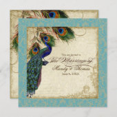 Peacock en veren Plechtige bruiloft Noite Aqua Blu Kaart (Voorkant / Achterkant)
