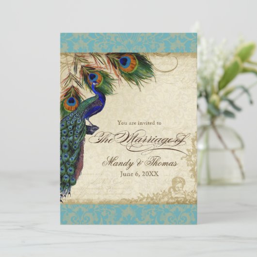 Peacock en veren Plechtige bruiloft Noite Aqua Blu Kaart (Staand voorkant)