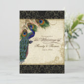 Peacock en veren Plechtige bruiloft Noite Black Kaart (Staand voorkant)