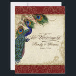 Peacock en veren Plechtige bruiloft Noite Red Kaart<br><div class="desc">PAPIERSELECTIE: Dit is te zien op basispapier, een andere geweldige keuze zou zijn "metallisch ijs", een schoon wit, gepeld grijs oppervlak. Het zou ook mooi zijn op "Champagne Metallic" linen, vilt of een van de andere keuzes. COLOR PALETTE: diep gebrand rood, tan, crème, koninklijk blauw, groen en roest. ONTWERP: Dit...</div>