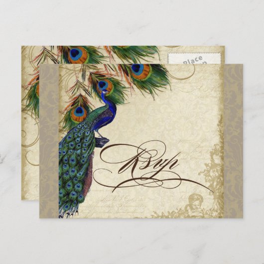 Peacock en veren Plechtige bruiloft RSVP Reactie Uitnodiging Briefkaart (Voorkant / Achterkant)