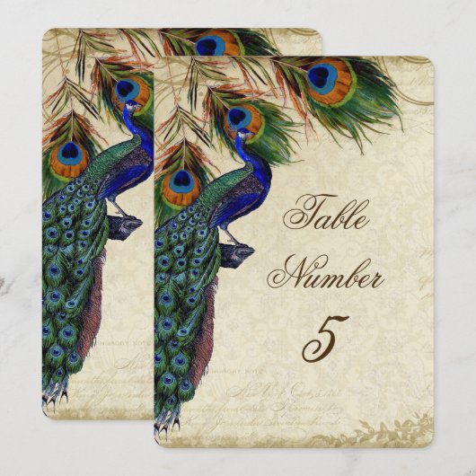 Peacock en veren Plechtige bruiloft Tabel Nummer 5 Kaart (Voorkant / Achterkant)