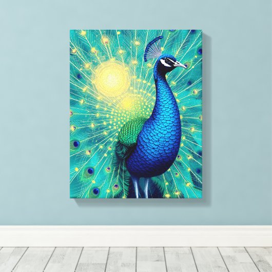 Peacock Energies in Bloom – Premium Wrapped Canvas Afdruk (Insitu (Houten vloer))