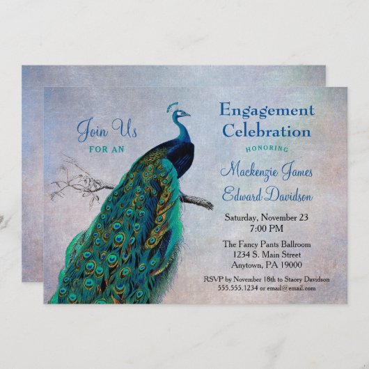 Peacock Engagement Party  Blue Kaart (Voorkant / Achterkant)