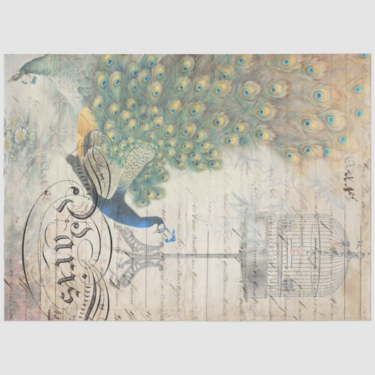 Peacock Ephemera Decoupage Paper left Tissuepapier (Voorkant)