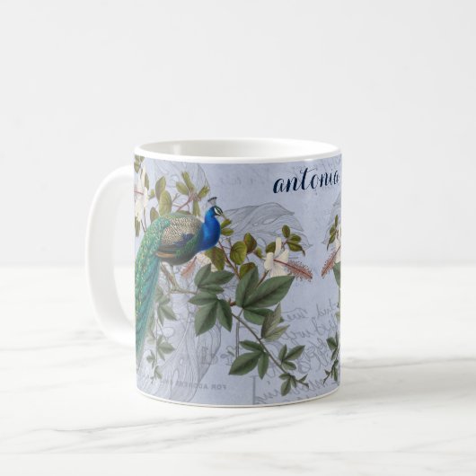 Peacock Ephemera Elegant Blue  Graphic Art Koffiemok (Voorkant links)