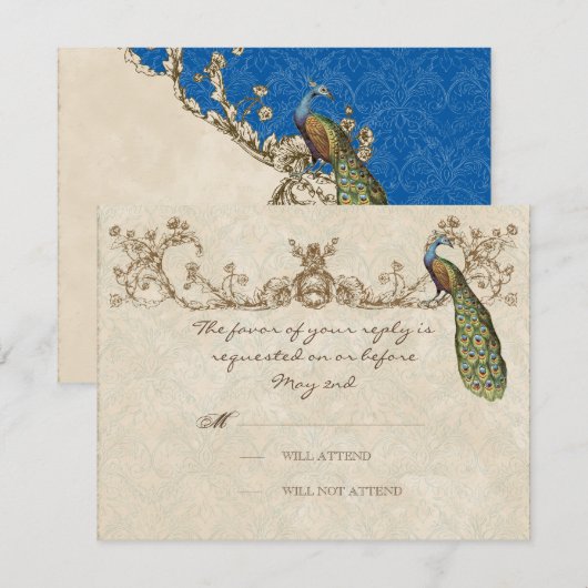 Peacock & Etsen Bruiloft RSVP Kaart (Voorkant / Achterkant)