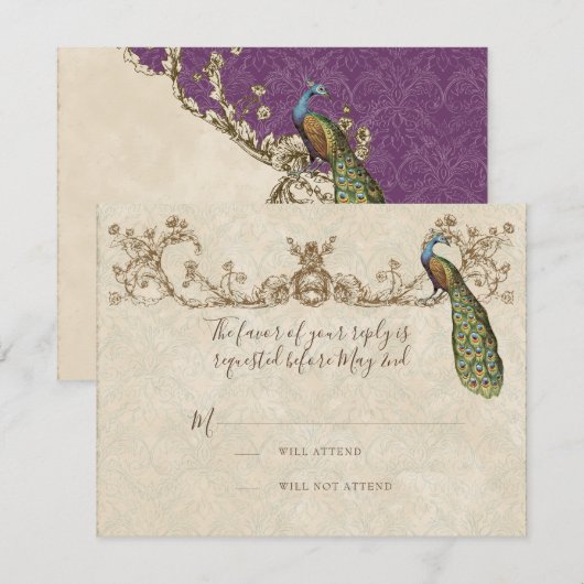 Peacock & Etsen Bruiloft RSVP Kaart (Voorkant / Achterkant)