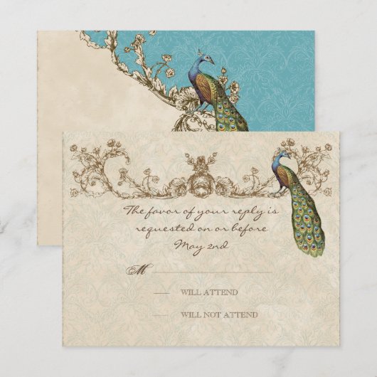 Peacock & Etsen Bruiloft RSVP Kaart (Voorkant / Achterkant)