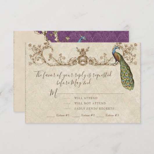 Peacock & Etsen Bruiloft RSVP Kaart (Voorkant / Achterkant)