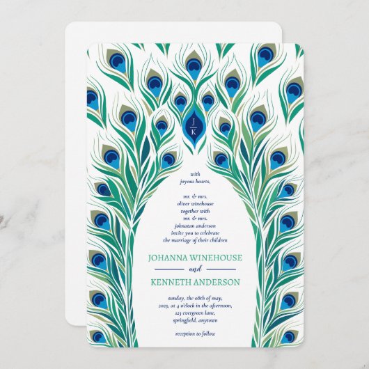 Peacock Eye-Lijst | Monogram bruiloft Kaart (Voorkant / Achterkant)
