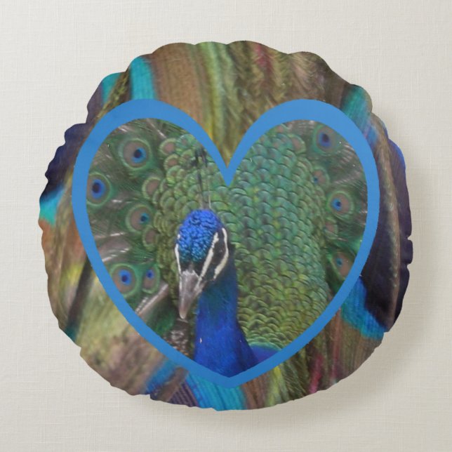 Peacock Face in Heart Round Pillow Rond Kussen (Voorkant)