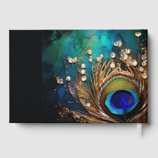 Peacock feather 3D art nouveau bruiloft bewerkbaar Gastenboek (Achterkant)