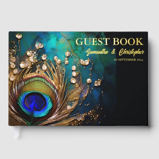 Peacock feather 3D art nouveau bruiloft bewerkbaar Gastenboek (Voorkant)