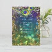 Peacock Feather Antiek gouden rol Bokeh Save The Date (Staand voorkant)