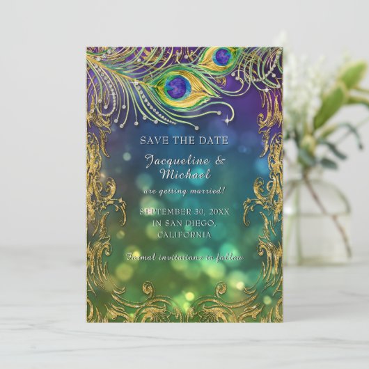 Peacock Feather Antiek gouden rol Bokeh Save The Date (Staand voorkant)