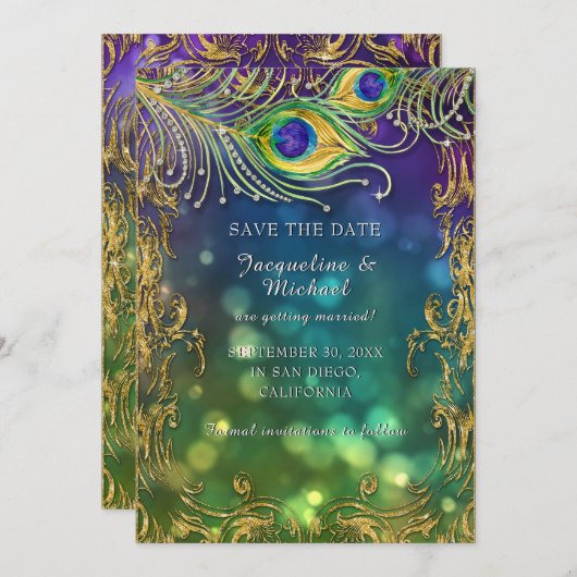 Peacock Feather Antiek  gouden rol Bokeh Save The Date (Voorkant / Achterkant)