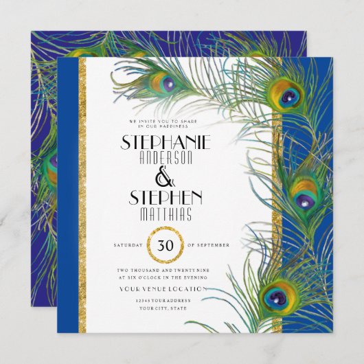 Peacock Feather Art Deco Nouveau Modern Typografie Kaart (Voorkant / Achterkant)