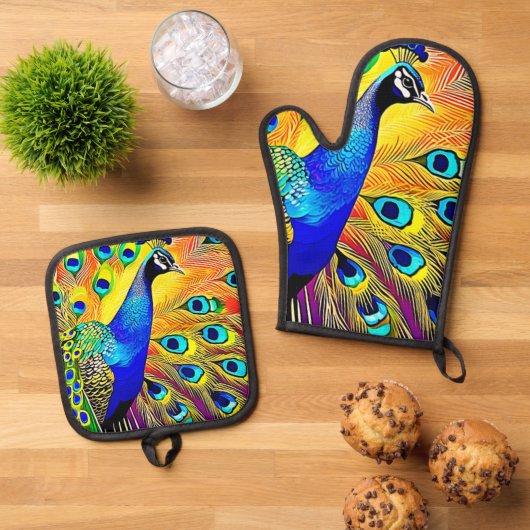 Peacock Feather Art Ovenwant & Pannenlap Set (Top down)