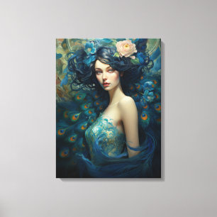 Peacock Feather Beauty: Vrouw in Blauwgroen en Bla Canvas Afdruk