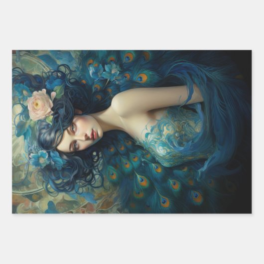 Peacock Feather Beauty: Vrouw in Blauwgroen en Bla Inpakpapier Vel (Voorkant)