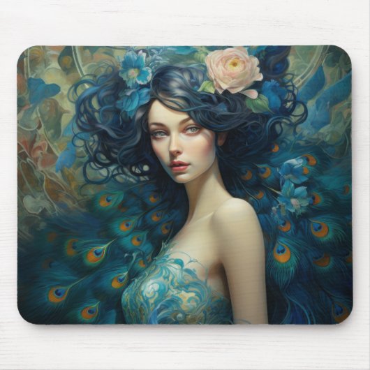 Peacock Feather Beauty: Vrouw in Blauwgroen en Bla Muismat (Voorkant)