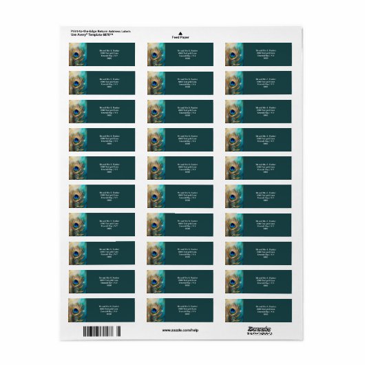 Peacock feather blauwgroen bruiloft retour adres g etiket (Full Sheet)