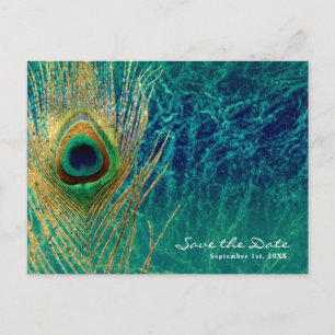 Peacock Feather Blue Blauwgroen Gold Glam Save the Aankondigingskaart