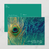 Peacock Feather Blue Blauwgroen Gold Glam Save the Aankondigingskaart (Voorkant / Achterkant)