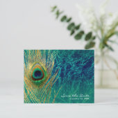 Peacock Feather Blue Blauwgroen Gold Glam Save the Aankondigingskaart (Staand voorkant)