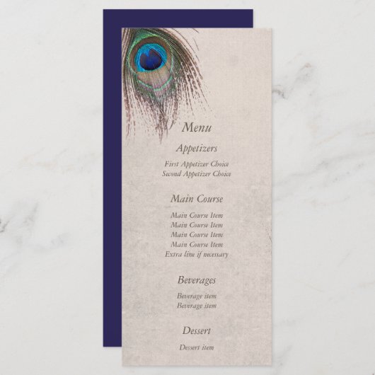 Peacock Feather Blue Wedding Menu (Voorkant / Achterkant)