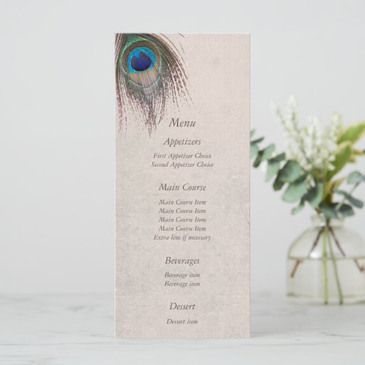 Peacock Feather Blue Wedding Menu (Staand voorkant)
