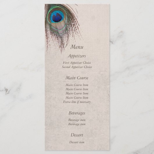 Peacock Feather Blue Wedding Menu (Voorkant)
