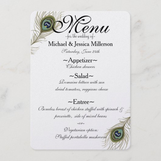 Peacock Feather Bruiloft Menu (Voorkant)