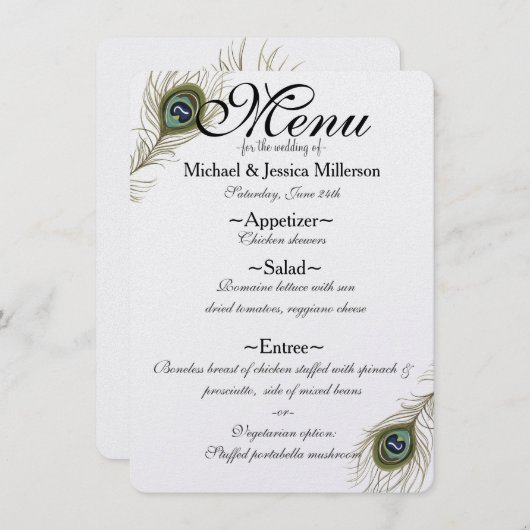 Peacock Feather Bruiloft Menu (Voorkant / Achterkant)