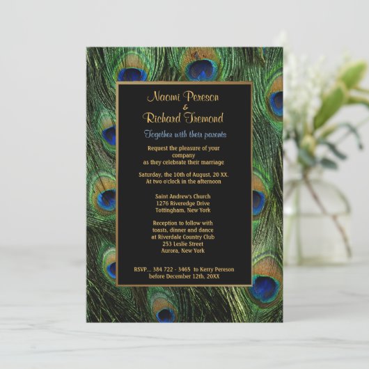 Peacock Feather bruiloft uitnodiging (Staand voorkant)