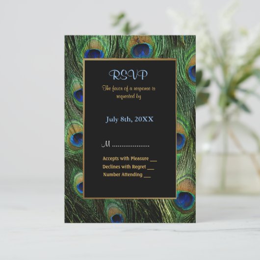 Peacock Feather bruiloft uitnodiging - RSVP (Staand voorkant)