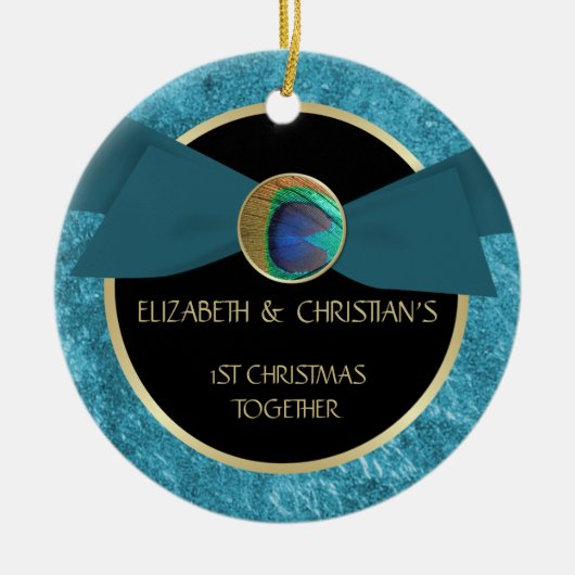 Peacock Feather Button 1e kerstversiering Keramisch Ornament (Voorkant)