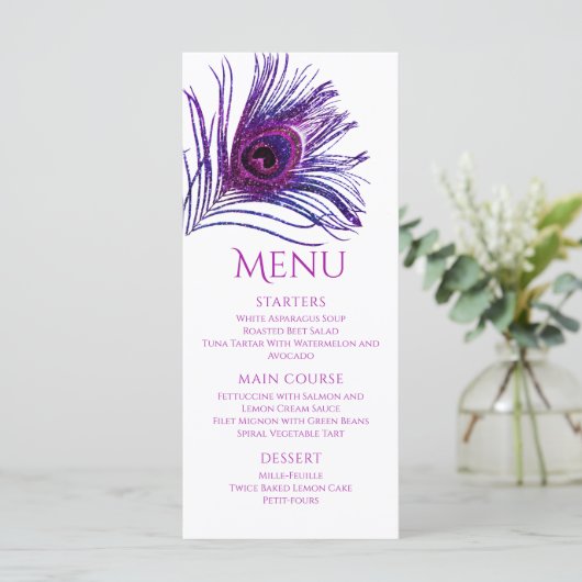 Peacock Feather Chic Glitter Paars Bat Mitzvah Menu (Staand voorkant)