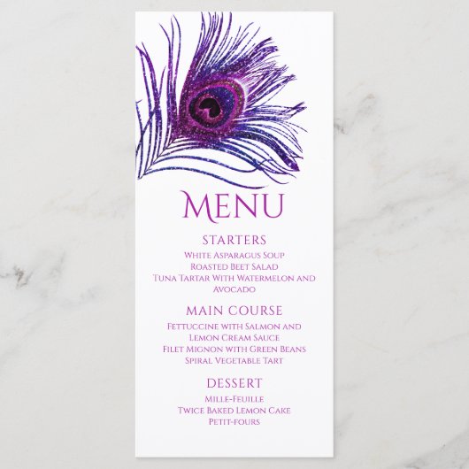 Peacock Feather Chic Glitter Paars Bat Mitzvah Menu (Voorkant)