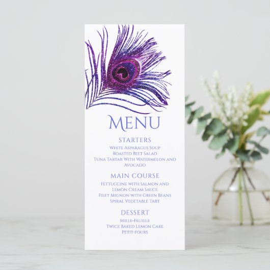 Peacock Feather Chic Glitter Paars Bat Mitzvah Menu (Staand voorkant)