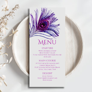 Peacock Feather Chic Glitter Paars Bat Mitzvah Menu